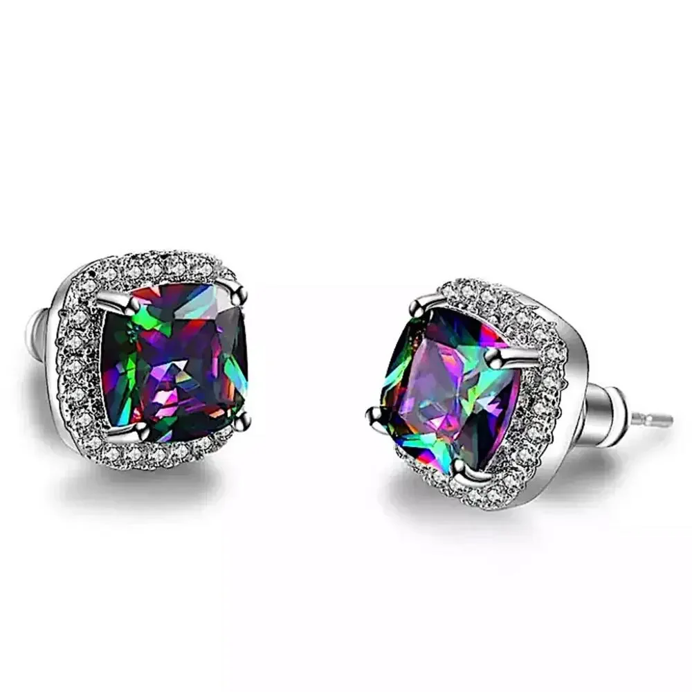 Mystic Fire Topaz Stud Earrings, Square, Princess Cut - Picture 9 of 10